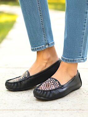 Fabulous Nature Breeze Black Embellished Slip-On Driving Moccasins Size 6.5 EUC